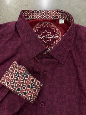 Robert Graham button up shirt 3XL flip cuff maroon all over print cotton classic